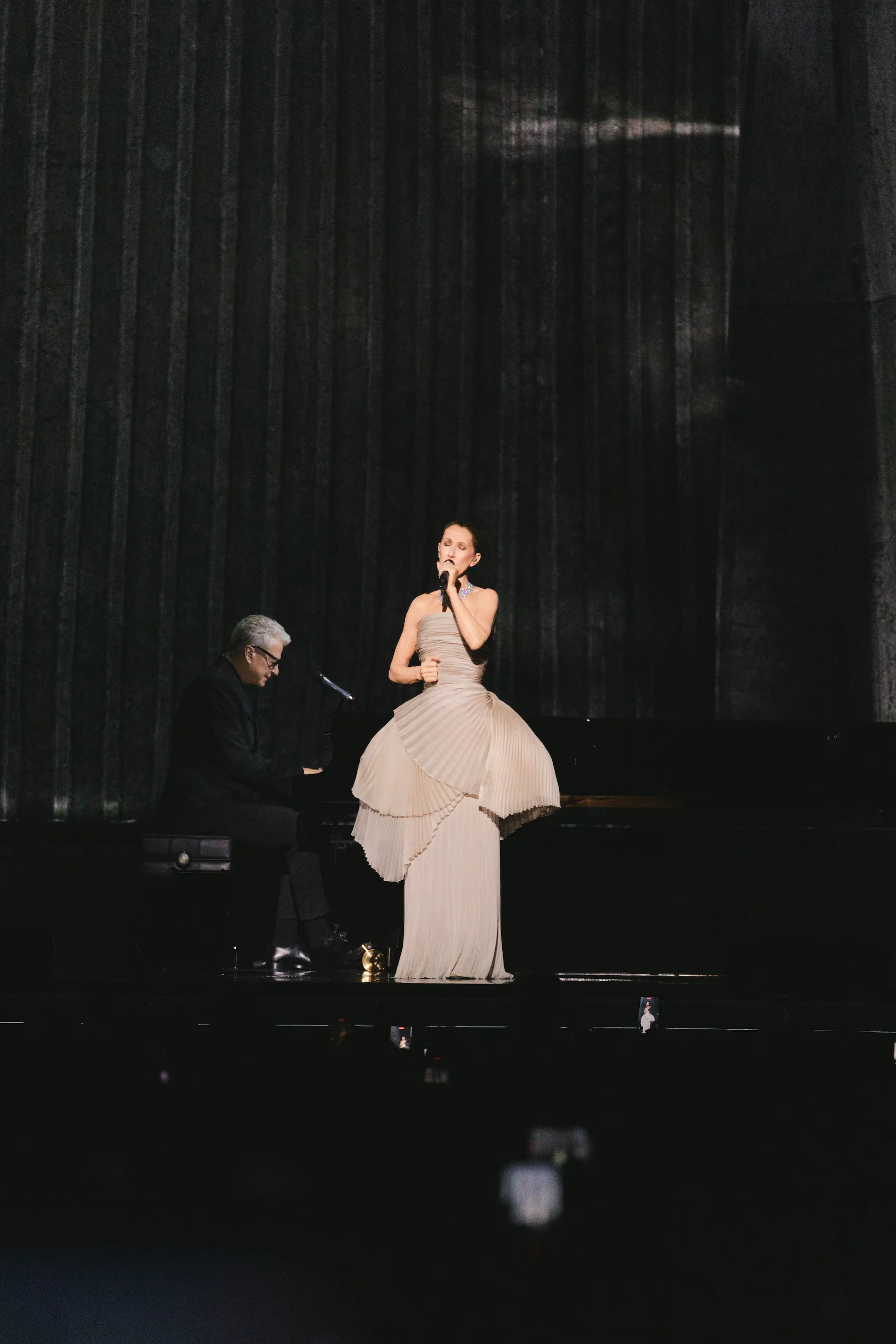 Céline Dion en concert à Paris : la star délaisse le noir pour une impressionnante robe Dior beige - Dior | Iulia Matei - Audrey Morard
